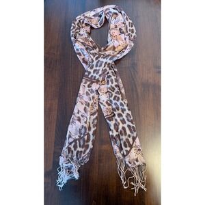 Leopard Floral Scarf Brown Pink Animal Print Fringe Wrap Boho-Chic Maximalist